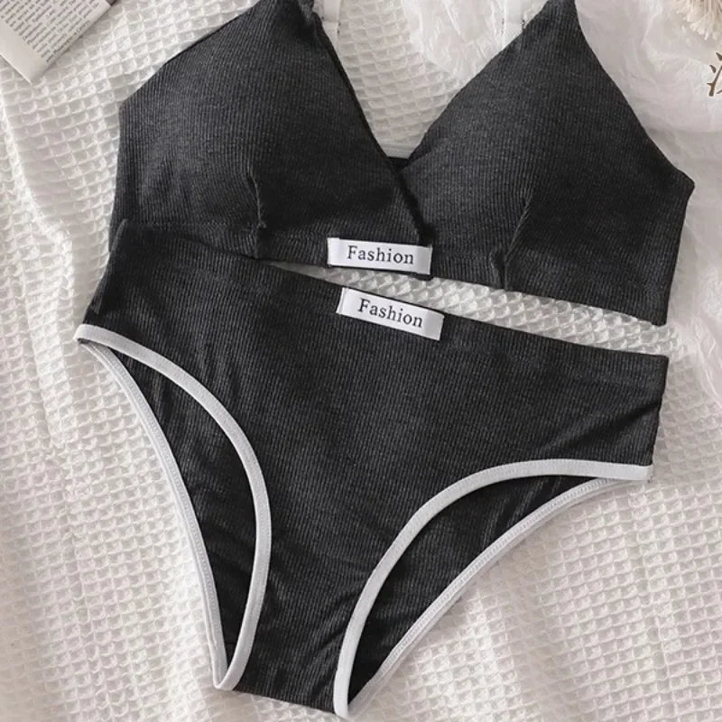 Women Cotton Bra Set Sexy Briefs Low Waist Panties Wire Free Bralette Sport Lingerie Vneck Brassiere Female Underwear Set - Matrix-studios.com