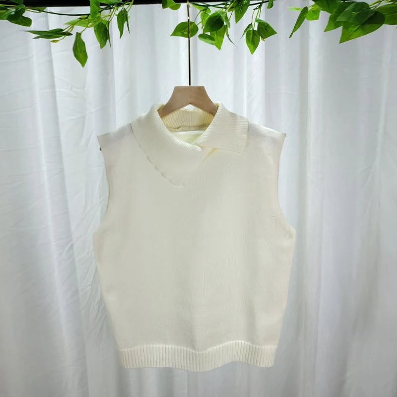 Autumn Winter Korean Solid Color Lapel Sleeveless Versatile Casual Knitted Vest For Women - Matrix Studios