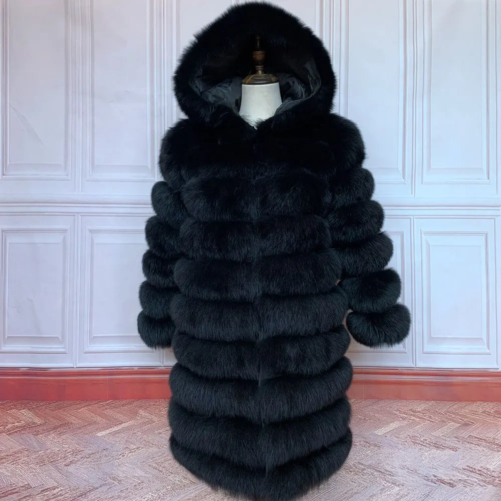 QUEENTINA Hood Fur Coat Women Real Fox Long New Luxury Female Natural Leather Jacket Warm Thick Long Winter Fur Vest Waistcoat - Matrix Studios