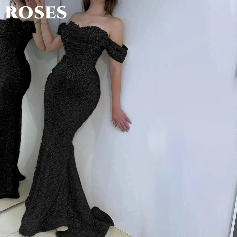 ROSES Pearl Gorgeous Prom Dress Sweetheart Off the Shoulder Hollow Prom Gown with Fishbone Shiny Sequins Formal Gown Customized - Matrix-studios.com