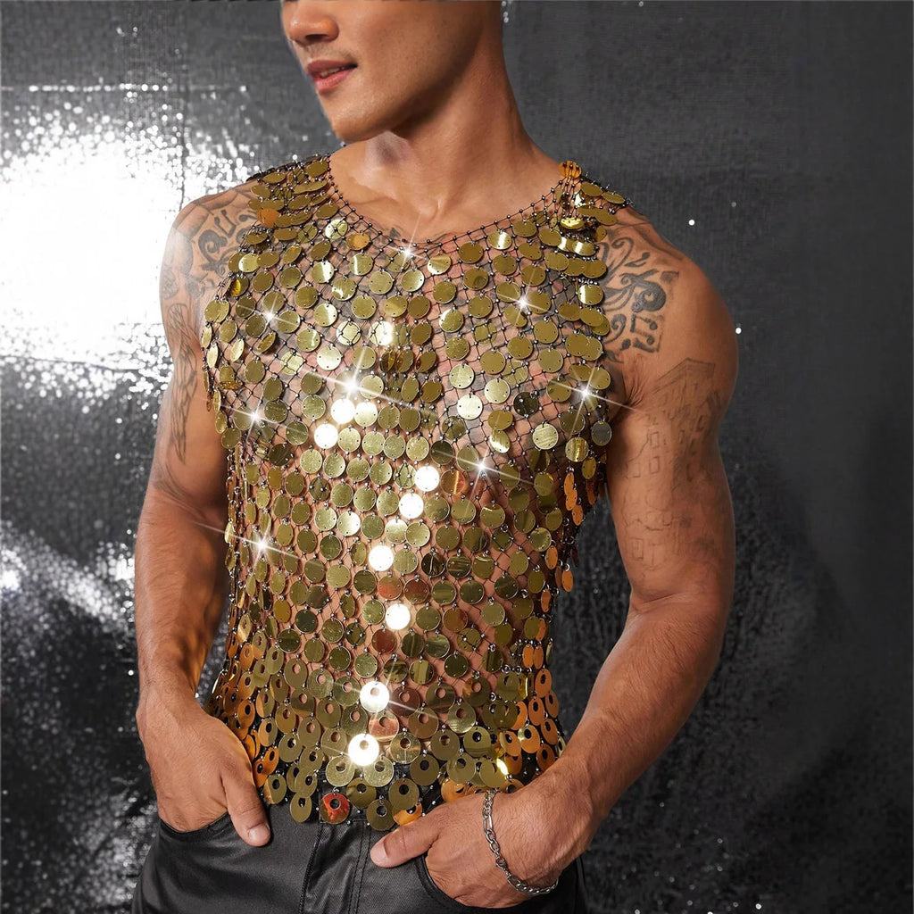 Sparkling Diamond Cut-Out See-Through Vest For Men - New Summer Style Sexy Nightclub Party Fishnet Beaded Outerwear Top - Matrix Studios