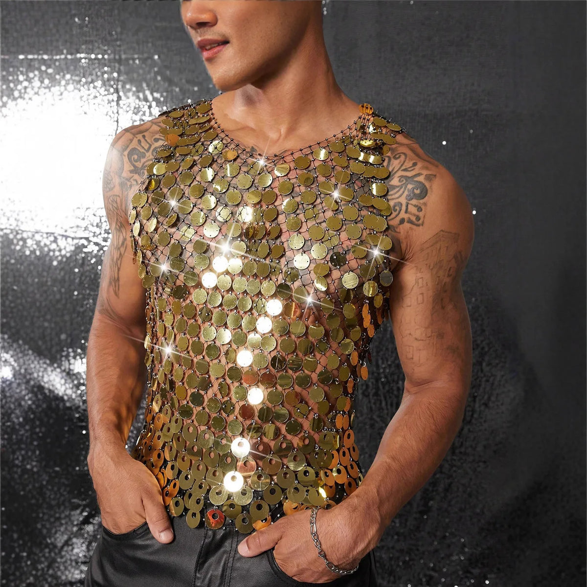 Sparkling Diamond Cut-Out See-Through Vest For Men - New Summer Style Sexy Nightclub Party Fishnet Beaded Outerwear Top - Matrix Studios