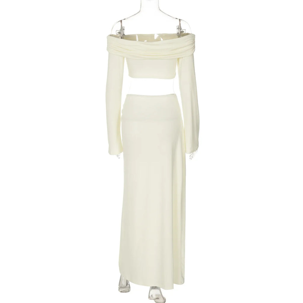Women's Solid Beach Skirt Sets Sexy High Split Slim Bohemian Outfits Off The Shoulder Holiday Fashion 2 Piece Set 2025 Beachwear - Matrix-studios.com