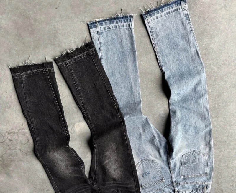 Hip Hop Straight Leg Pants Gothic Fringed Casual Micro Flared Pants Y2K Vintage Slim Fit Jeans Trendy Washed Men Women Harajuku - Matrix Studios