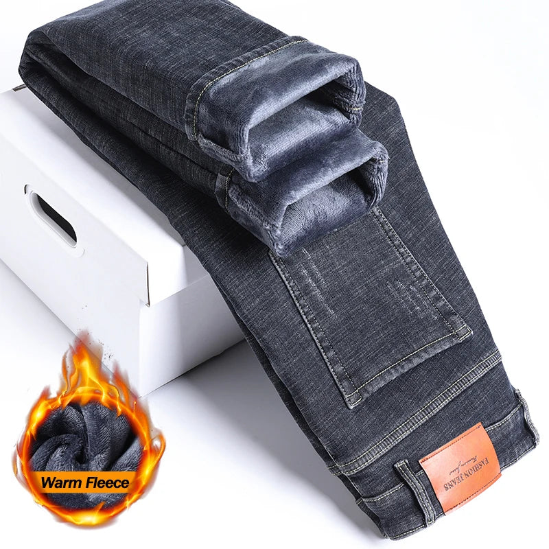 2025 Winter Fleece Jeans Men's Fashion Elastic Slim Straight Warm Trousers Thicken Business Casual Korean Thermal Denim Pants - Matrix Studios