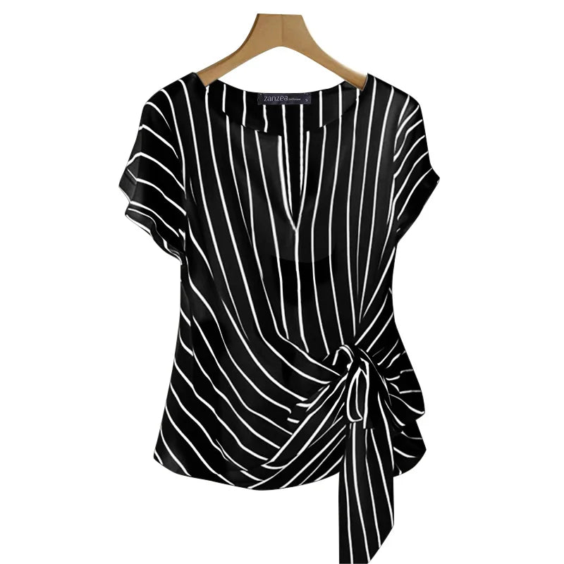 Fashion Stripe Blouse 2025 ZANZEA Summer Women V Neck Short Sleeve Tops Elegant Work OL Shirt Casual Loose Blusas Female Chemise - Matrix-studios.com
