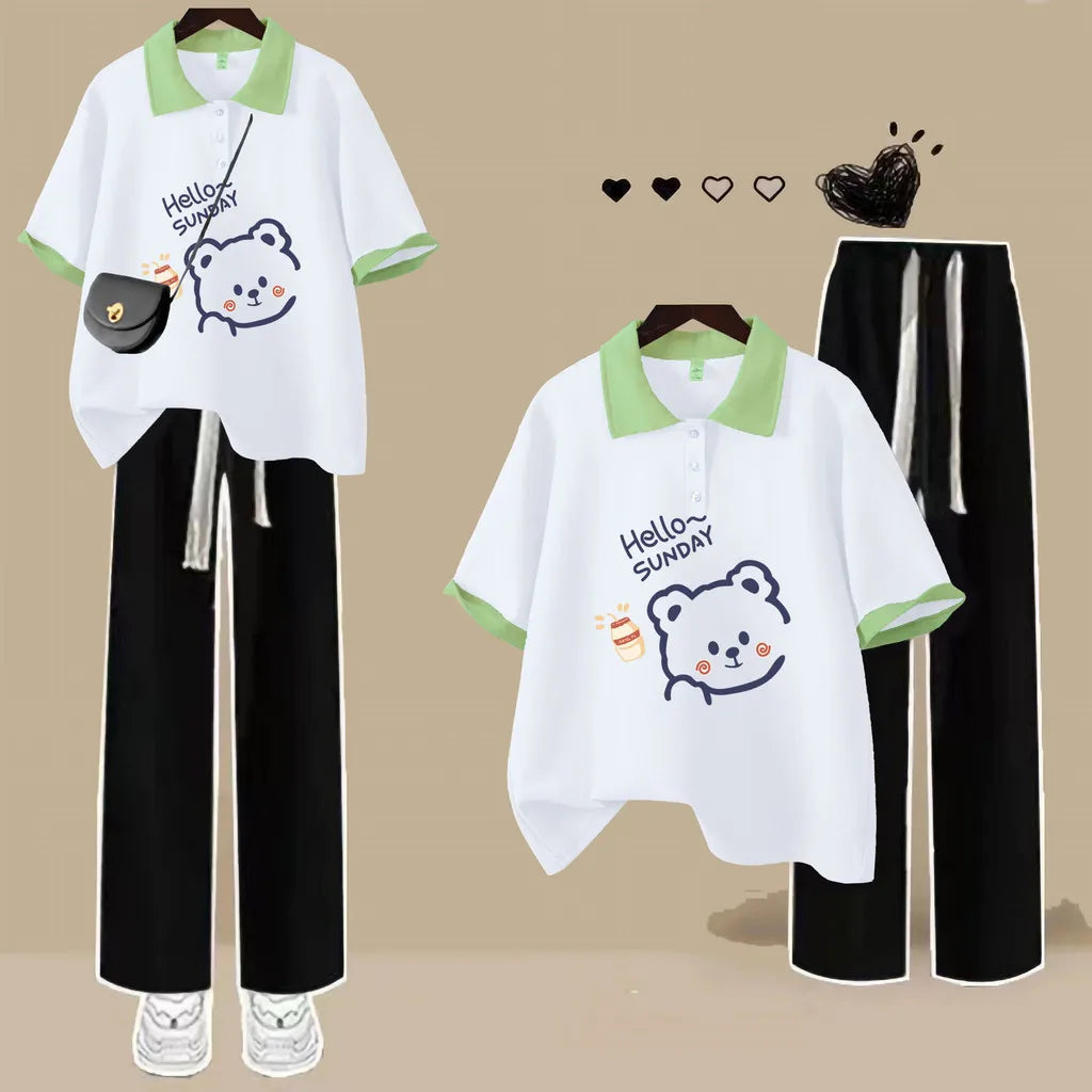Fashion Polo Neck Short Sleeved T-shirt Cute Teddy Bear Loose Top Women Casual Tee - Matrix-studios.com