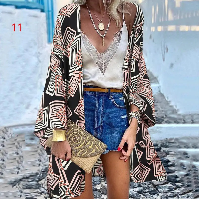 WeHello 2023 Summer Bohemian Casual Cloak Cardigan for Swimsuit woman Beach Swimwear Tops Long Sleeved Shawl Chiffon Shirt - Matrix Studios
