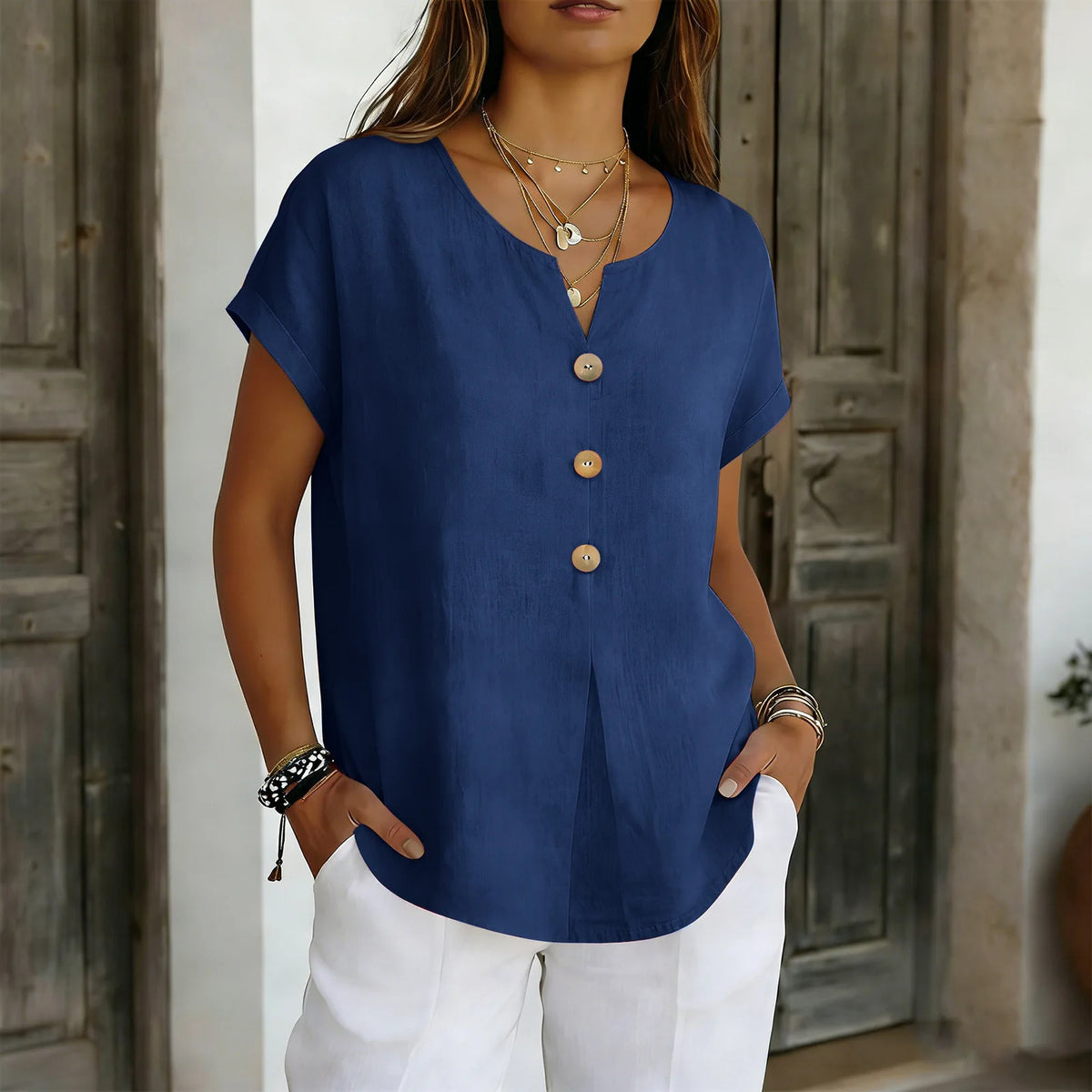 2026 Summer Basic Blouses Women's Shirts Solid Color Casual Short-Sleeve Cotton Linen Fashion Plus Size V-Neck Loose Button Tops - Matrix-studios.com