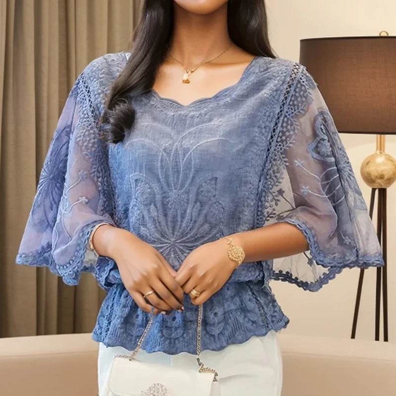 Summer Loose Lace Blouse Women 2025 Butterfly Sleeve Chiffon Shirt Woman Fashion Casual Floral White Shirt Tops Blusas 4073 - Matrix-studios.com