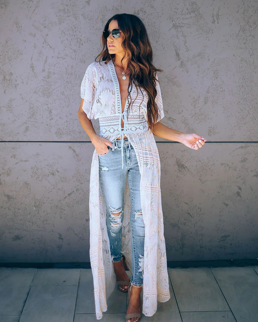 TEELYNN Sexy Deep V neck White Lace Dresses Women Robe Kimno Kaftan 2023 Vintage Summer Bikini Cover Up Boho Beach Wear Vestidos - Matrix Studios