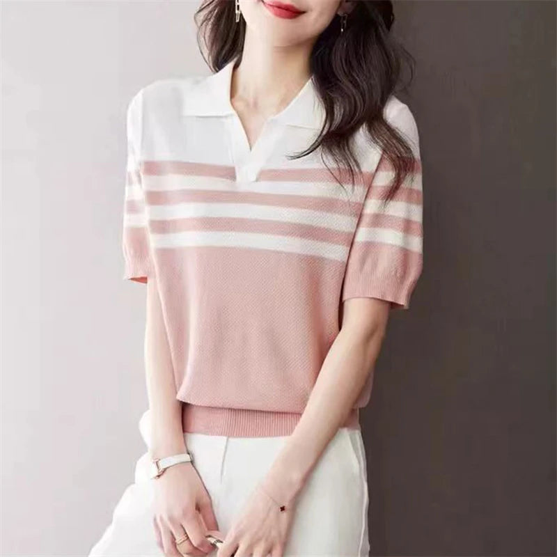 Women's POLO Collar T-Shirt Summer New 100% Cotton Knitted Short-Sleeved Casual Striped Shirt Women's Lapel Pullover Loose Top