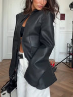 Solid Lapel Collar Waist-cinching Faux Leather Jacket Women's Hook Cut Out Split Cuffs Pu Coat 2026 Autumn Street Casual Outfits - Matrix Studios