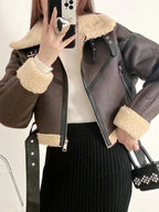 Ailegogo Winter Women Streetwear Faux Lamb Leather Fur Short Jacket with Belt Moto Biker Thick Warm Sheepskin Coat Outwear - Matrix Studios