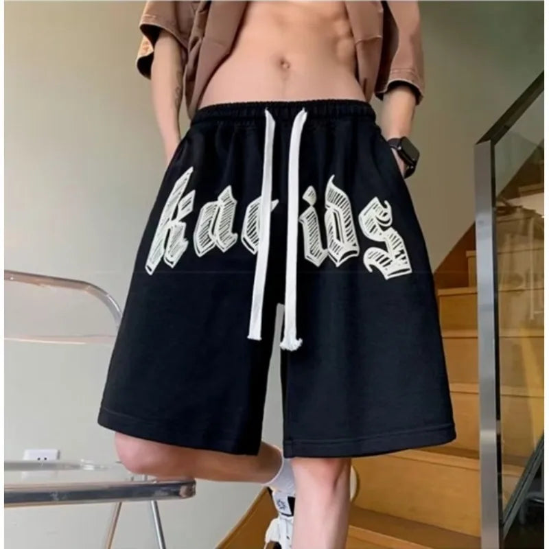 Oversized Shorts Men American Vintage Deformed Letter Print Shorts Fashion Brand High Street Loose Couple Basketball Short Pants
