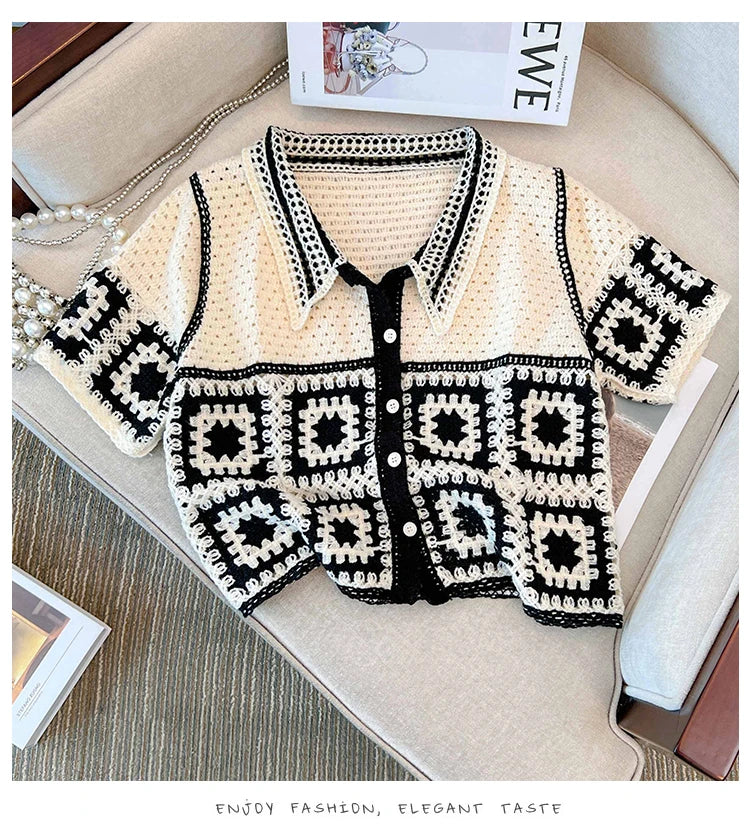 Floral Crochet Vest Top Collared Button-up Short Sleeve Sheer Crop Knit Top Cardigan for Women Teengirl Fairycore Vintage Outfit - Matrix Studios