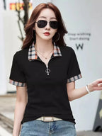 New Women Summer Cotton Polo T-shirt Fashion Button Plaid Turn-down Collar Short Sleeve Slim T-shirt Simplicity Casual Tees Tops - Matrix-studios.com