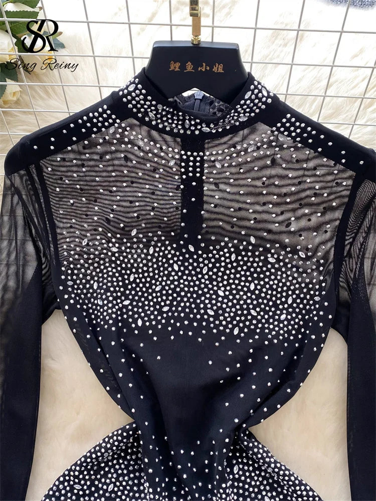 SINGREINY Summer Thin Sheer Sexy Bodysuit Long Sleeve Zipper With Shorts Design Rompers Beadings Streetwear Women Mesh Playsuits - Matrix Studios