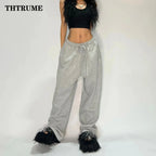 Casual Women Solid New Pant Fashion Summer Oversized Vintage Pocket Drawstring Wide Leg Pants Elegant Loose Baggy Chic Trousers