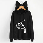 Long Sleeve Hoodies Sweatshirt For Women Cute Cat Print and Ear Kangaroo Pocket Drawstring Hooded Jogger Pullover Tops - Matrix Studios