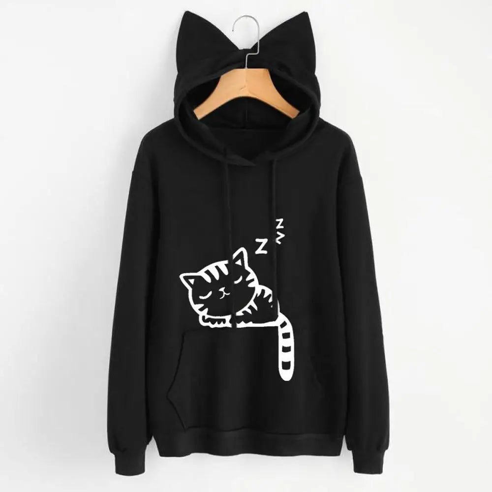 Long Sleeve Hoodies Sweatshirt For Women Cute Cat Print and Ear Kangaroo Pocket Drawstring Hooded Jogger Pullover Tops - Matrix Studios