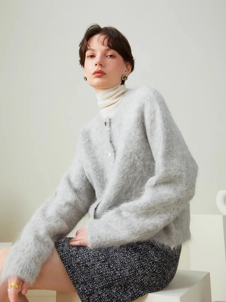 SuyaDream, Women Cardigans, 78%Alpaca, O Neck, Single breasted Solid Sweaters, 2025 Fall Winter Warm Jackets, White, Grey, Pink - Matrix Studios