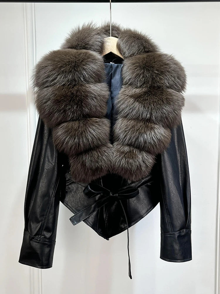 Janveny Huge Big Natural Fox Fur 2025 New Autumen Winter Pu Faux Leather Jacket Women Casual Female Lapel Zipper Motorcycle Coat - Matrix Studios