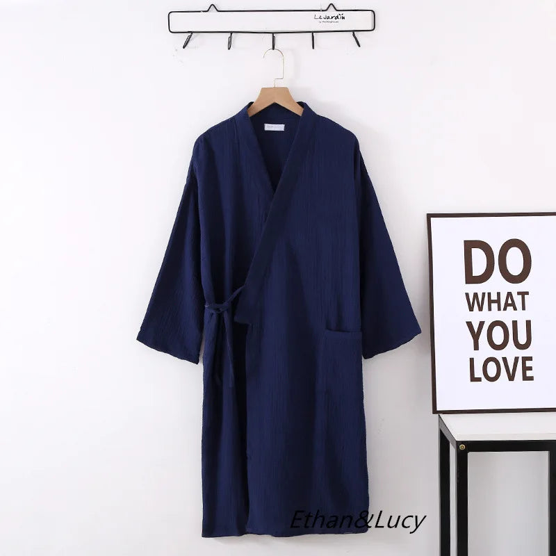 Couples Crepe Gauze Bathrobe Solid 100% Cotton Robe Long-sleeved V-neck Kimono Wedding Robes Sleepwear Plus Size Dressing Gown - Matrix-studios.com