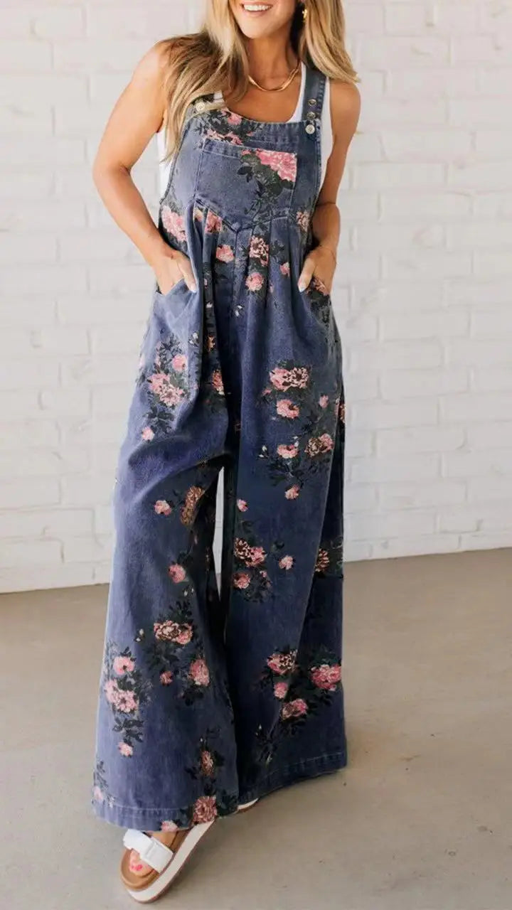 Denim Floral Print Trendy Sleeveless Jumpsuits for Women Rompers Festival Outfit Loose Overalls Pleated Pockets Long Pants - Matrix Studios