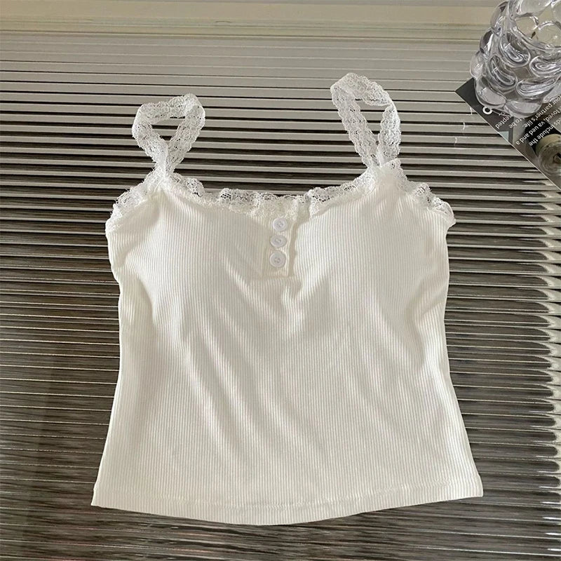 Summer Lace Strap Patchwork Camisole Women Solid Color Sleeveless Buttons Tank Top - Matrix-studios.com