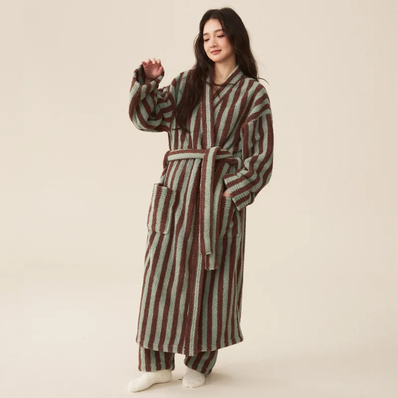 Thickened Flannel Robe Pants Pajamas Set Autumn Winter New Couple Coral Velvet Women Men Bathrobe Striped Lengthed Home Clothes - Matrix-studios.com