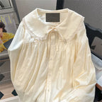 Japanese Style Cute Peter Pan Collar Shirt Women Sweet Lace Spliced Long Sleeved Blouses Woman All-Match Loose Buttons Shirts - Matrix-studios.com