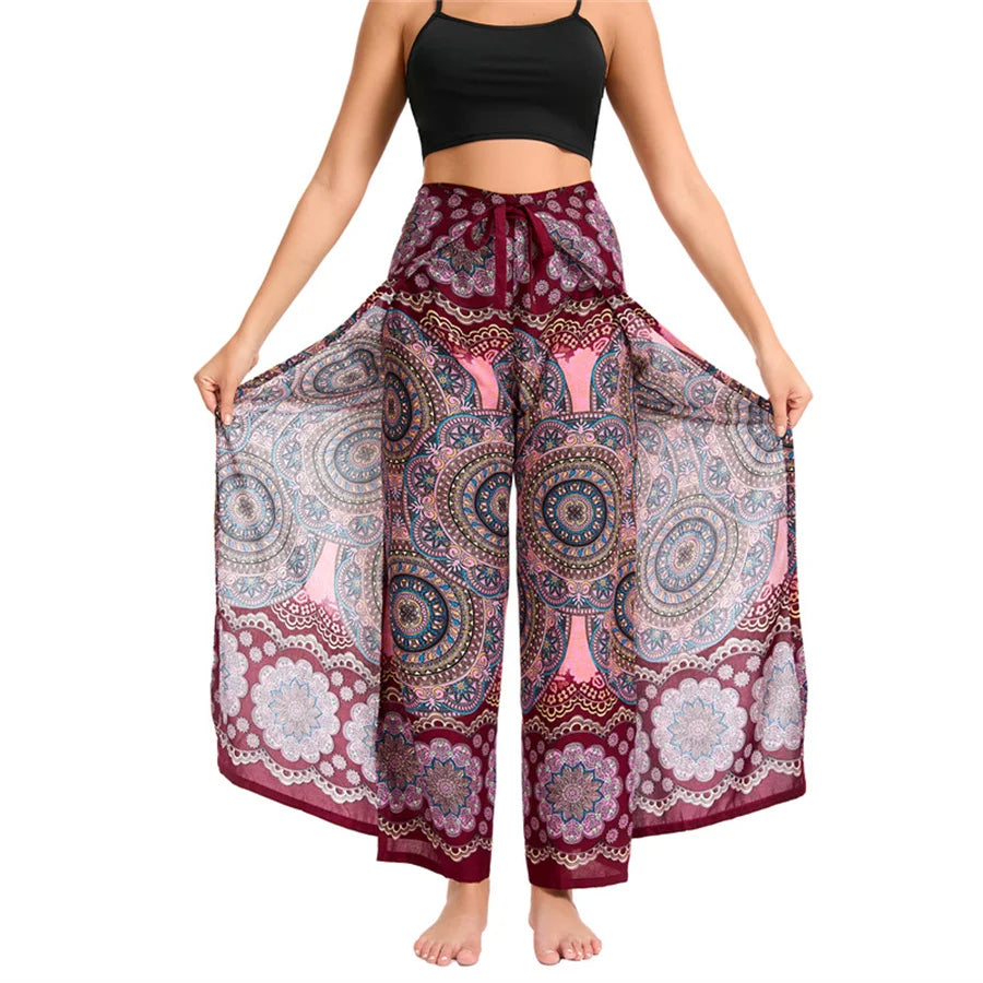 Women's Boho Palazzo Pants Wide Leg Yoga Wrap Tie Up Waistband Beach Cover Up Trousers Rayon Soft Breathable Loose Pants - Matrix Studios