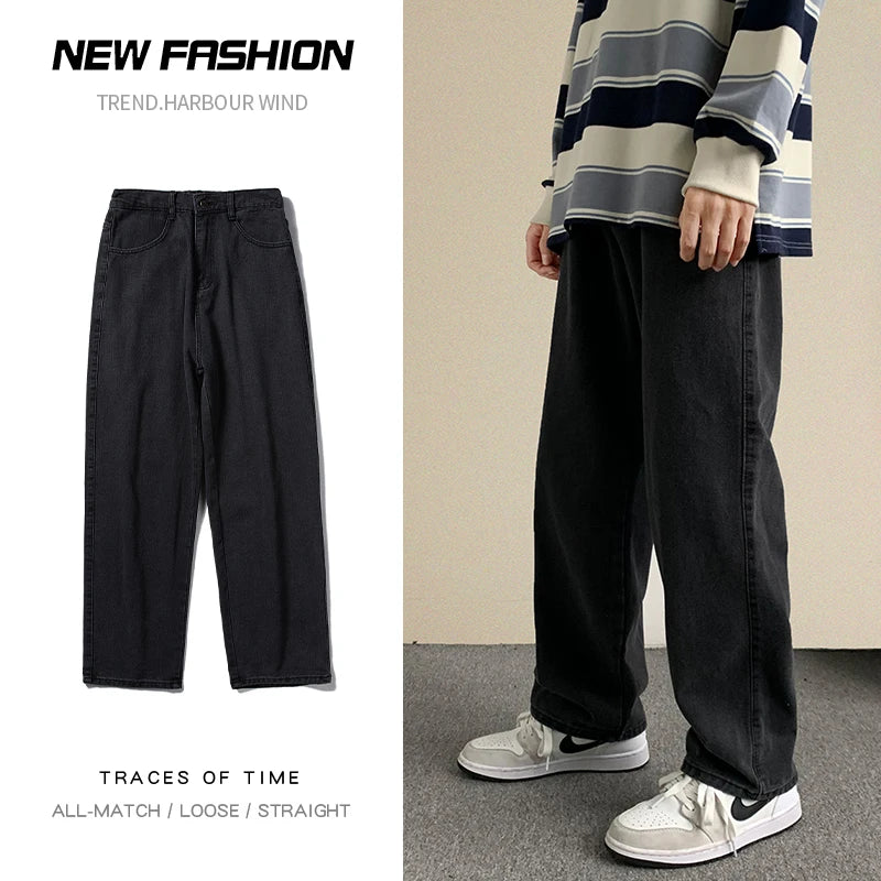 2023 Spring New Streetwear Baggy Jeans Men Korean Fashion Loose Straight Wide Leg Pants Male Brand Clothing Black Light Blue - Matrix Studios