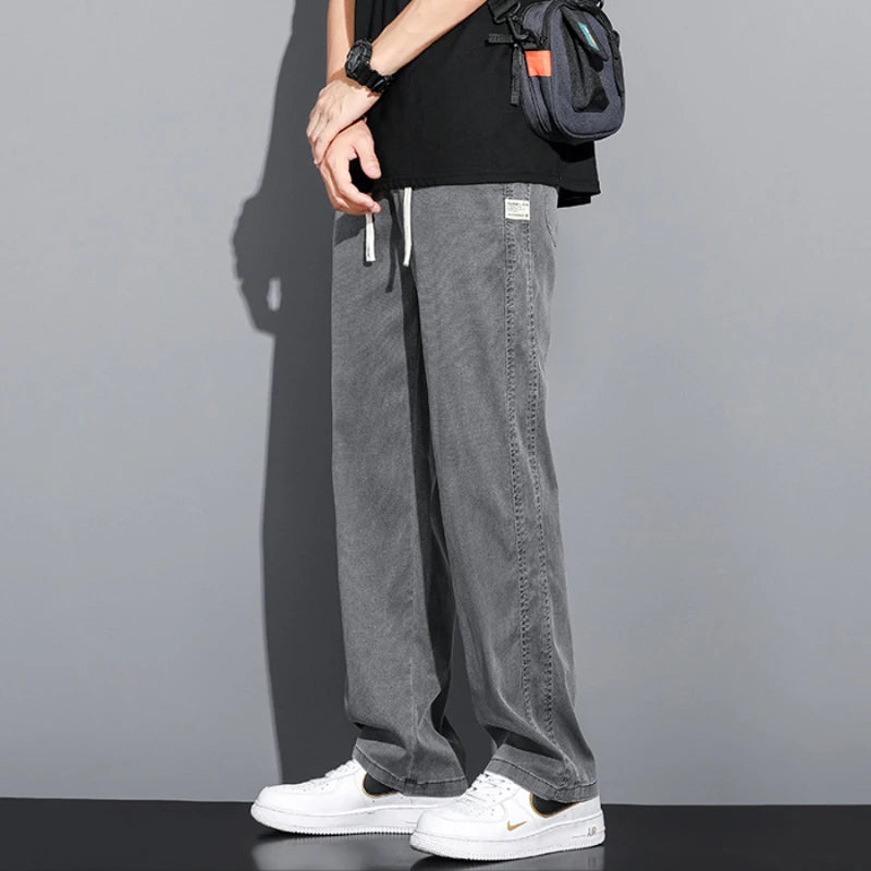 Summer Soft Lyocell Fabric Men's Jeans Thin Loose Straight Pants Drawstring Elastic Waist Korea Casual Trousers Plus Size M-5XL - Matrix Studios