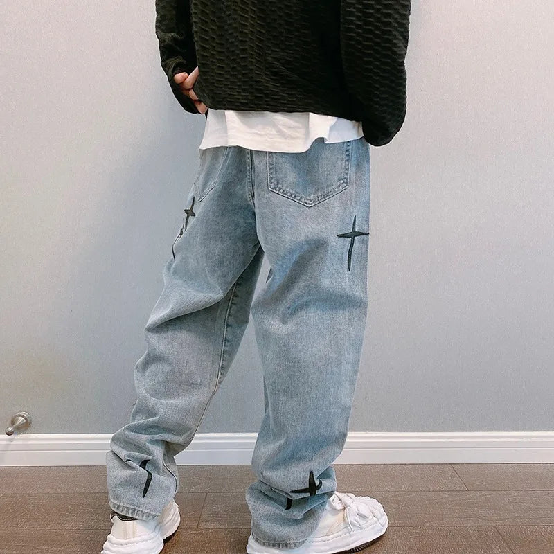 Boyfriend Vintage Fashion Straight Casual Loose Denim Cargo Pants Men Designer Prints Star Jeans Streetwear Loose Wide Leg Jeans - Matrix Studios