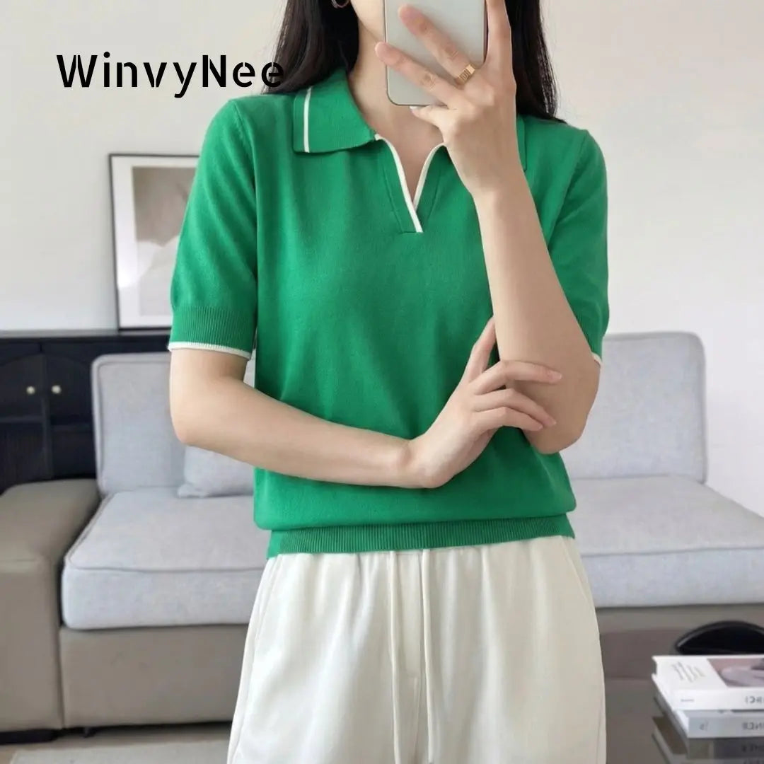 WinvyNee Women's Spring Summer Casual T-Shirt 100% Cotton Polo Neck Trim Short Sleeve Soft Lightweight Cool Daily Top ZA1002026 - Matrix-studios.com