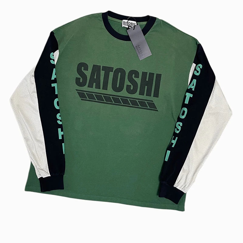 Satoshi Nakamoto Long-Sleeved T-Shirt 26FW Multi-color Patchwork Sleeve Roundneck Letter-Print Tops Loose Casual Design Tee - Matrix-studios.com