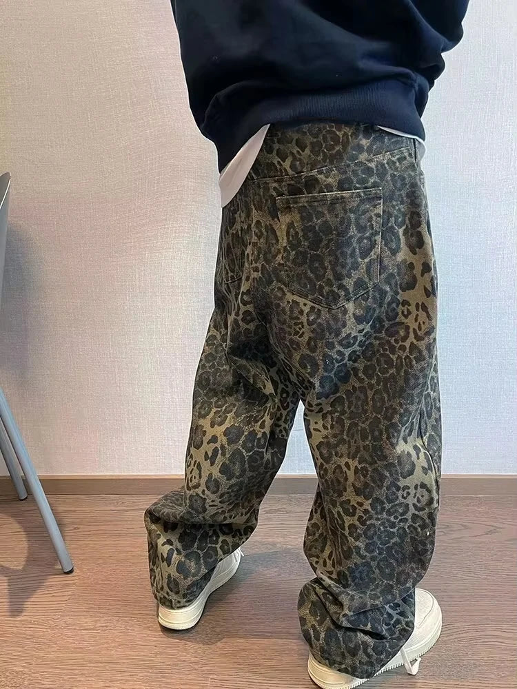 Autumn Tan Leopard Jeans Men Denim Pants Male Oversize Wide Leg Trousers Streetwear Hip Hop Vintage Loose Casual Animal Print - Matrix Studios