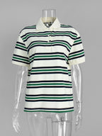Sumuyoo Women's Retro Striped Polo T-Shirt Loose Fit Short Sleeve Casual Knitted Shirt Fashionable Summer Top for Ladies - Matrix-studios.com
