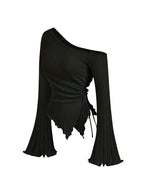 Women's Off-Shoulder Cross Long-Sleeved Slim Fit T-Shirt Asymmetrical Street Style Casual Elegant Top with Trumpet Sleeves - Matrix-studios.com
