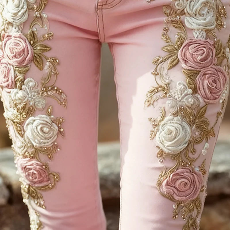 Romantic Pink Rose Flower Print Jeans Vintage Elegant Buttoned Women's Pants Autumn High Waist Slim Chic Trousers Harajuku Mujer - Matrix-studios.com
