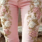 Romantic Pink Rose Flower Print Jeans Vintage Elegant Buttoned Women's Pants Autumn High Waist Slim Chic Trousers Harajuku Mujer - Matrix-studios.com
