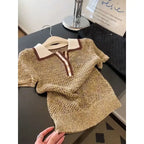 Vintage 2000s Shiny Knit Short Sleeve Tee Women Polo Neck Summer Tops Brown Hollow out Knitwear Lady Clothes Casual T-shirt - Matrix-studios.com
