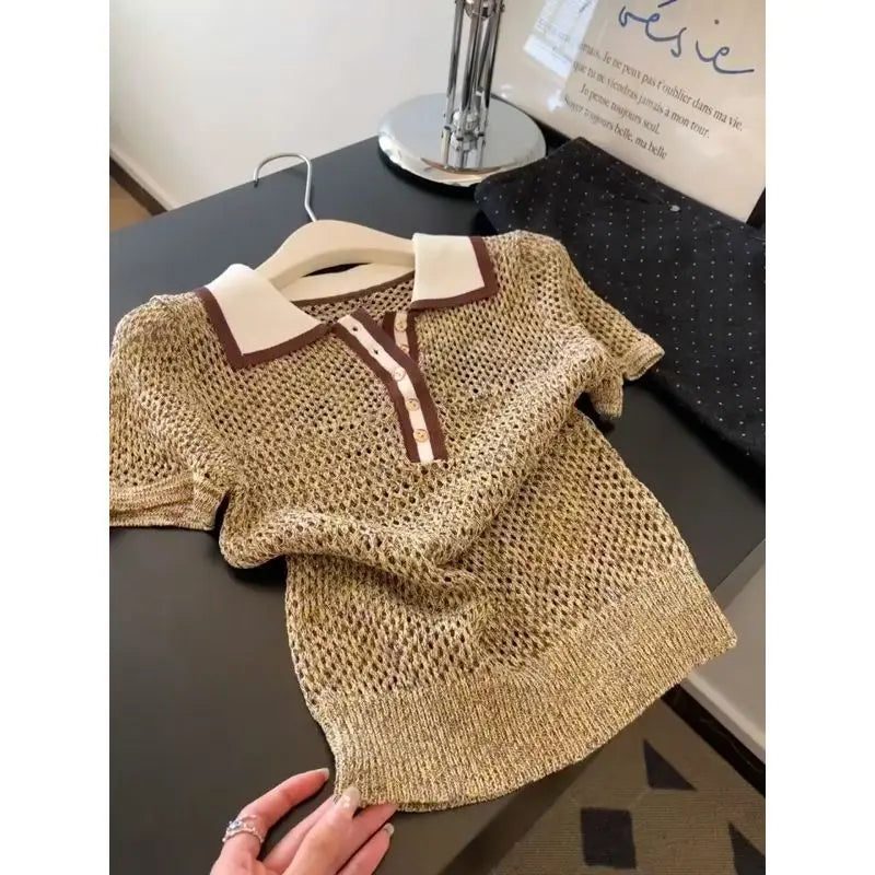 Vintage 2000s Shiny Knit Short Sleeve Tee Women Polo Neck Summer Tops Brown Hollow out Knitwear Lady Clothes Casual T-shirt - Matrix-studios.com