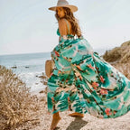 2025 Bikini Cover-ups Pink Boho Print Self Belted Front Open Long Kimono Dress Beach Tunic Women Swim Suit Cover Up Dress - Matrix Studios