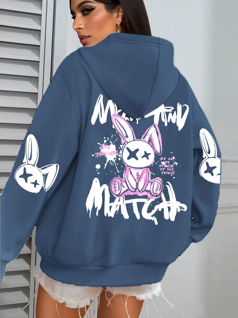 Mix And Match Cartoon Rabbit Prints Women Hoodie Pocket Streetwear Harajuku Loose Hoody All-Match Fleece Female Clothing - Matrix Studios
