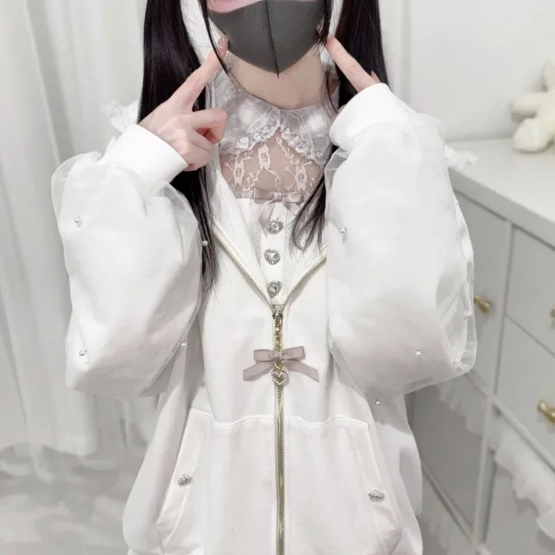 Bunny Hoodie Hoodies Y2K Rabbit Ear Hoodie Lolita Jacket Bow Girls Pearl JK Japan Lace Kawaii Zipper Cardigan Long Sleeved Top - Matrix Studios
