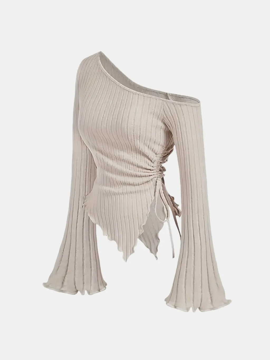 Women's Off-Shoulder Cross Long-Sleeved Slim Fit T-Shirt Asymmetrical Street Style Casual Elegant Top with Trumpet Sleeves - Matrix-studios.com