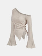 Women's Off-Shoulder Cross Long-Sleeved Slim Fit T-Shirt Asymmetrical Street Style Casual Elegant Top with Trumpet Sleeves - Matrix-studios.com